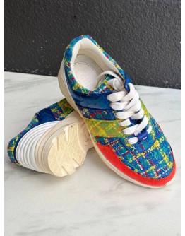 CHANEL MULTICOLOUR TWEED CC LOW TOP SNEAKERS