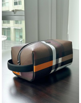 BURBERRY CHECK TRAVEL POUCH IN DARK BIRCH BROWN COLOURWAY
