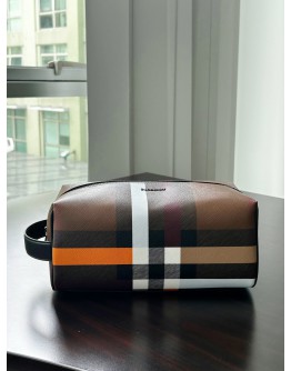 BURBERRY CHECK TRAVEL POUCH IN DARK BIRCH BROWN COLOURWAY