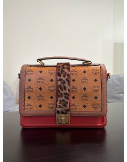MCM LITTLE VERONIKA VISETOS SACTHEL IN SIGNATURE COGNAC MONOGRAM CANVAS & LEATHER WITH LEOPARD PRINT  