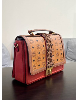 MCM LITTLE VERONIKA VISETOS SACTHEL IN SIGNATURE COGNAC MONOGRAM CANVAS & LEATHER WITH LEOPARD PRINT  