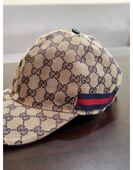 GUCCI GG CANVAS BASEBALL HAT WITH RED & BLUE WEB STRIPES DETAIL