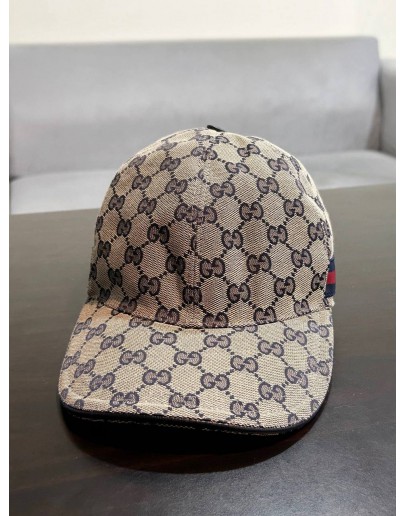 GUCCI GG CANVAS BASEBALL HAT WITH RED & BLUE WEB STRIPES DETAIL