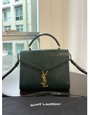 YSL YVES SAINT LAURENT CASSANDRA TOP HANDLE BAG IN DARK GREEN EMBOSSED CROCODILE LEATHER