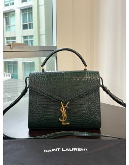 YSL YVES SAINT LAURENT CASSANDRA TOP HANDLE BAG IN DARK GREEN EMBOSSED CROCODILE LEATHER