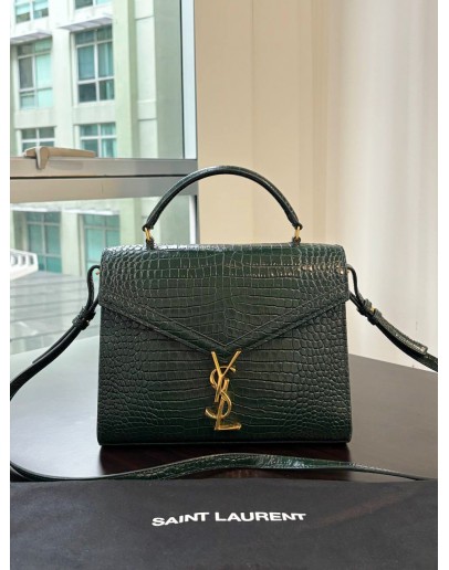YSL YVES SAINT LAURENT CASSANDRA TOP HANDLE BAG IN DARK GREEN EMBOSSED CROCODILE LEATHER