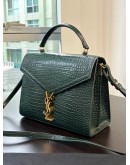 YSL YVES SAINT LAURENT CASSANDRA TOP HANDLE BAG IN DARK GREEN EMBOSSED CROCODILE LEATHER