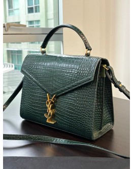 YSL YVES SAINT LAURENT CASSANDRA TOP HANDLE BAG IN DARK GREEN EMBOSSED CROCODILE LEATHER