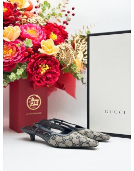 GUCCI GG SLINGBACK MID-HEEL IN BLUE BEIGE CANVAS & CALFSKIN LEATHER SIZE 37 1/2