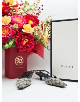 GUCCI GG SLINGBACK MID-HEEL IN BLUE BEIGE CANVAS & CALFSKIN LEATHER SIZE 37 1/2