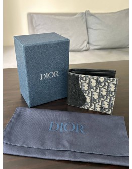 CHRISTIAN DIOR SADDLE BI-FOLD WALLET IN BLACK GRAINED CALFSKIN MARQUETRY WITH BEIGE & BLACK DIOR OBLIQUE JACQUARD CANVAS