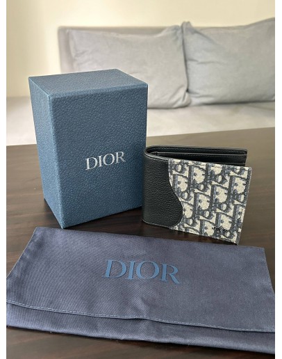 CHRISTIAN DIOR SADDLE BI-FOLD WALLET IN BLACK GRAINED CALFSKIN MARQUETRY WITH BEIGE & BLACK DIOR OBLIQUE JACQUARD CANVAS