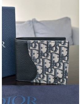 CHRISTIAN DIOR SADDLE BI-FOLD WALLET IN BLACK GRAINED CALFSKIN MARQUETRY WITH BEIGE & BLACK DIOR OBLIQUE JACQUARD CANVAS