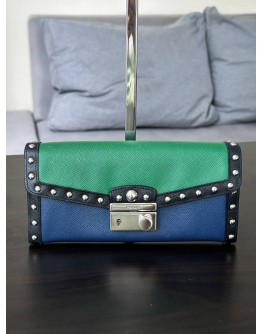 PRADA CAHIER STUDDED WALLET TWO TONED IN GREEN & BLUE