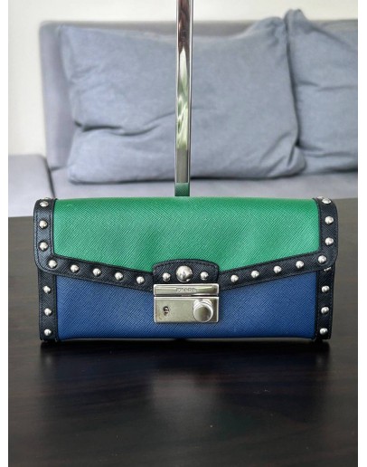 PRADA CAHIER STUDDED WALLET TWO TONED IN GREEN & BLUE