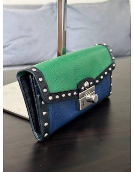 PRADA CAHIER STUDDED WALLET TWO TONED IN GREEN & BLUE