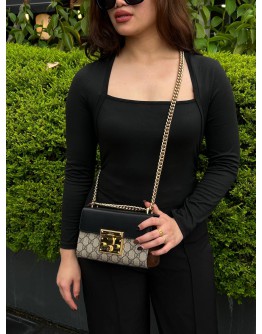 GUCCI SMALL PADLOCK GG SUPREME CANVAS & BLACK LEATHER WITH GOLD HARDWARE CHAIN SHOULDER BAG