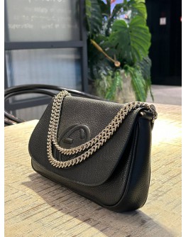 GUCCI MEDIUM SOHO CELLARIUS FLAP CHAIN CROSSBODY BAG IN BLACK PEBBLED CALF LEATHER