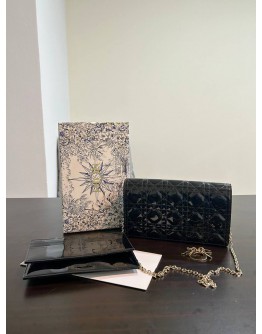 CHRISTIAN DIOR LADY DIOR WOC IN BLACK PATENT CANNAGE LEATHER  