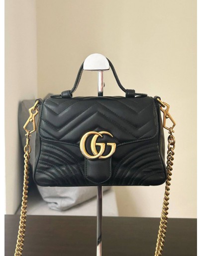 GUCCI GG MARMONT SMALL TOP HANDLE CHAIN CROSSBODY BAG IN BLACK LAMBSKIN LEATHER