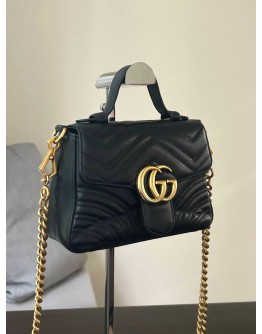 GUCCI GG MARMONT SMALL TOP HANDLE CHAIN CROSSBODY BAG IN BLACK LAMBSKIN LEATHER