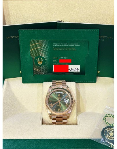 ROLEX DAY-DATE 40 18K 750 ROSE GOLD REF 228235 AVOCADO GREEN DIAL 40MM AUTOMATIC WATCH