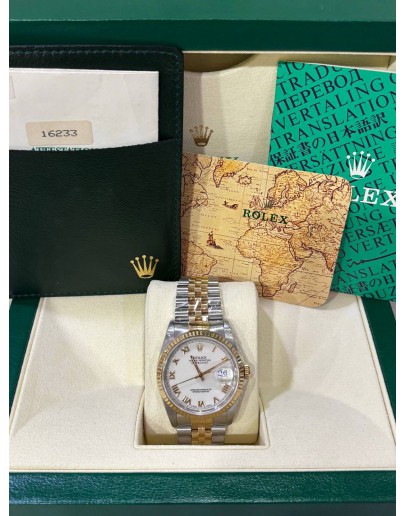 ROLEX DATEJUST 36 HALF 18K 850 YELLOW GOLD JUBILEE REF 16233 WHITE ROMAN NUMBERALS DIAL 36MM AUTOMATIC WATCH