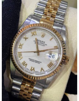 ROLEX DATEJUST 36 HALF 18K 850 YELLOW GOLD JUBILEE REF 16233 WHITE ROMAN NUMBERALS DIAL 36MM AUTOMATIC WATCH