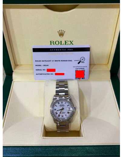 ROLEX DATEJUST 31 REF 68240 WHITE ROMAN NUMBERALS DIAL WITH DIAMONDS BEZEL 31MM AUTOMATIC WATCH