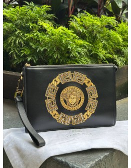 VERSACE LA MEDUSA PRINT CLUTCH IN BLACK & YELLOW