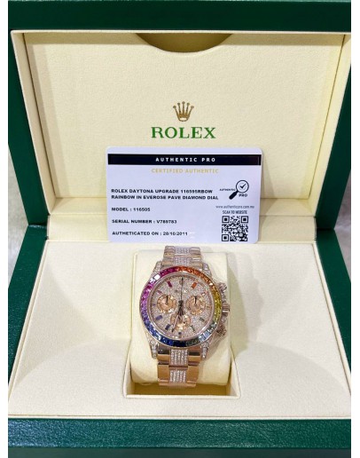 ROLEX DAYTONA REF 116505 18K 750 EVEROSE GOLD UPGRADE 116595RBOW RAINBOW PAVE DIAMOND DIAL 40MM AUTOMATIC WATCH