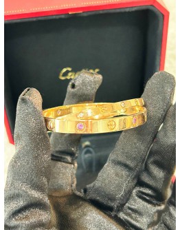 CARTIER DOUBLE LOVE BRACELET SIZE 16 LIMITED EDITION DIAMONDS WITH PINK SAPPHIRES 18K 750 ROSE GOLD
