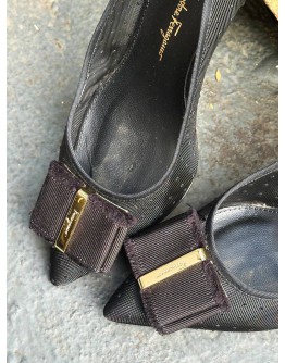 SALVATORE FERRAGAMO ZERI 70 POI  HEELS IN BLACK POLKA DOT MESH DESIGN WITH THE ICONIC SIGNATURE VARA BOW