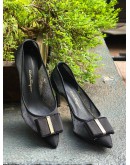 SALVATORE FERRAGAMO ZERI 70 POI  HEELS IN BLACK POLKA DOT MESH DESIGN WITH THE ICONIC SIGNATURE VARA BOW