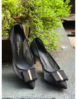 SALVATORE FERRAGAMO ZERI 70 POI  HEELS IN BLACK POLKA DOT MESH DESIGN WITH THE ICONIC SIGNATURE VARA BOW