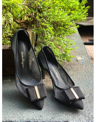 SALVATORE FERRAGAMO ZERI 70 POI  HEELS IN BLACK POLKA DOT MESH DESIGN WITH THE ICONIC SIGNATURE VARA BOW