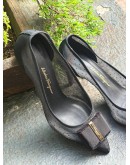 SALVATORE FERRAGAMO ZERI 70 POI  HEELS IN BLACK POLKA DOT MESH DESIGN WITH THE ICONIC SIGNATURE VARA BOW