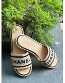 CHANEL EMBROIDERED LEATHER SLIDE SANDALS IN BLACK & BEIGE