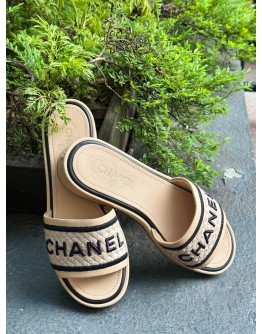 CHANEL EMBROIDERED LEATHER SLIDE SANDALS IN BLACK & BEIGE