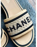 CHANEL EMBROIDERED LEATHER SLIDE SANDALS IN BLACK & BEIGE