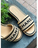 CHANEL EMBROIDERED LEATHER SLIDE SANDALS IN BLACK & BEIGE