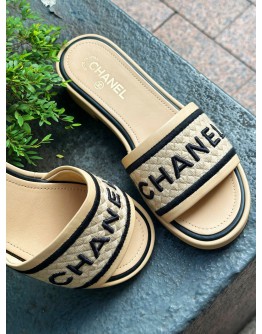 CHANEL EMBROIDERED LEATHER SLIDE SANDALS IN BLACK & BEIGE