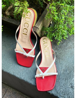 GUCCI RED LEATHER DOUBLE G BOW THONG SANDALS