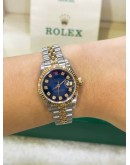 ROLEX OYSTER PERPETUAL LADY DATEJUST HALF 750 YELLOW GOLD DIAMOND ROYAL BLUE AND DIAMOND DIAL AUTOMATIC WATCH