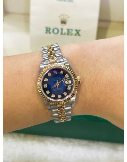ROLEX OYSTER PERPETUAL LADY DATEJUST HALF 750 YELLOW GOLD DIAMOND ROYAL BLUE AND DIAMOND DIAL AUTOMATIC WATCH