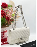 CHANEL MEDIUM CLASSIC FLAP BAG IN WHITE CAVIAR LEATHER WITH SILVER HARDWARE CHAIN SHOULDER BAG