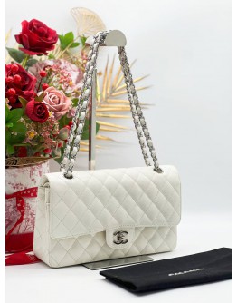 CHANEL MEDIUM CLASSIC FLAP BAG IN WHITE CAVIAR LEATHER WITH SILVER HARDWARE CHAIN SHOULDER BAG