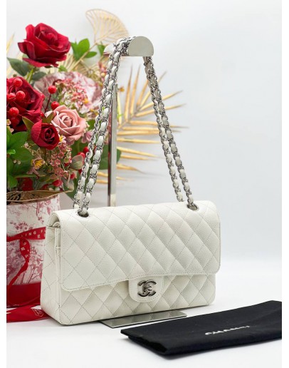 CHANEL MEDIUM CLASSIC FLAP BAG IN WHITE CAVIAR LEATHER WITH SILVER HARDWARE CHAIN SHOULDER BAG