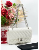 CHANEL MEDIUM CLASSIC FLAP BAG IN WHITE CAVIAR LEATHER WITH SILVER HARDWARE CHAIN SHOULDER BAG