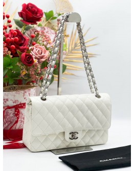 CHANEL MEDIUM CLASSIC FLAP BAG IN WHITE CAVIAR LEATHER WITH SILVER HARDWARE CHAIN SHOULDER BAG